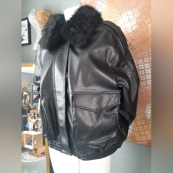 Zara Nwot Black Faux Leather Jacket with Removable Faux Fur Collar - Picture 12 of 16